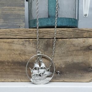 Vintage Pewter Sailing Ship Necklace